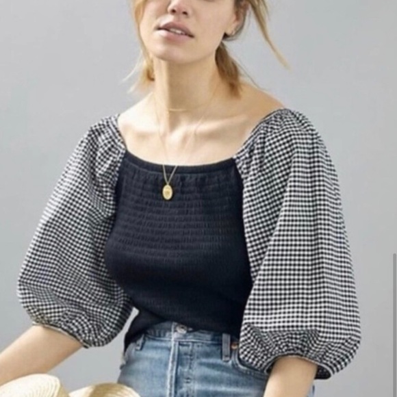Anthropologie Gingham Puff Sleeve Ruched Top - Picture 4 of 4
